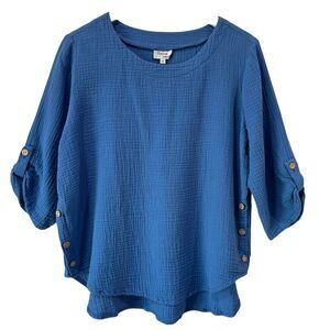 Toofan Gauze Top Womens Medium Crinkled Cotton Oversized Minimalist Boho Blue